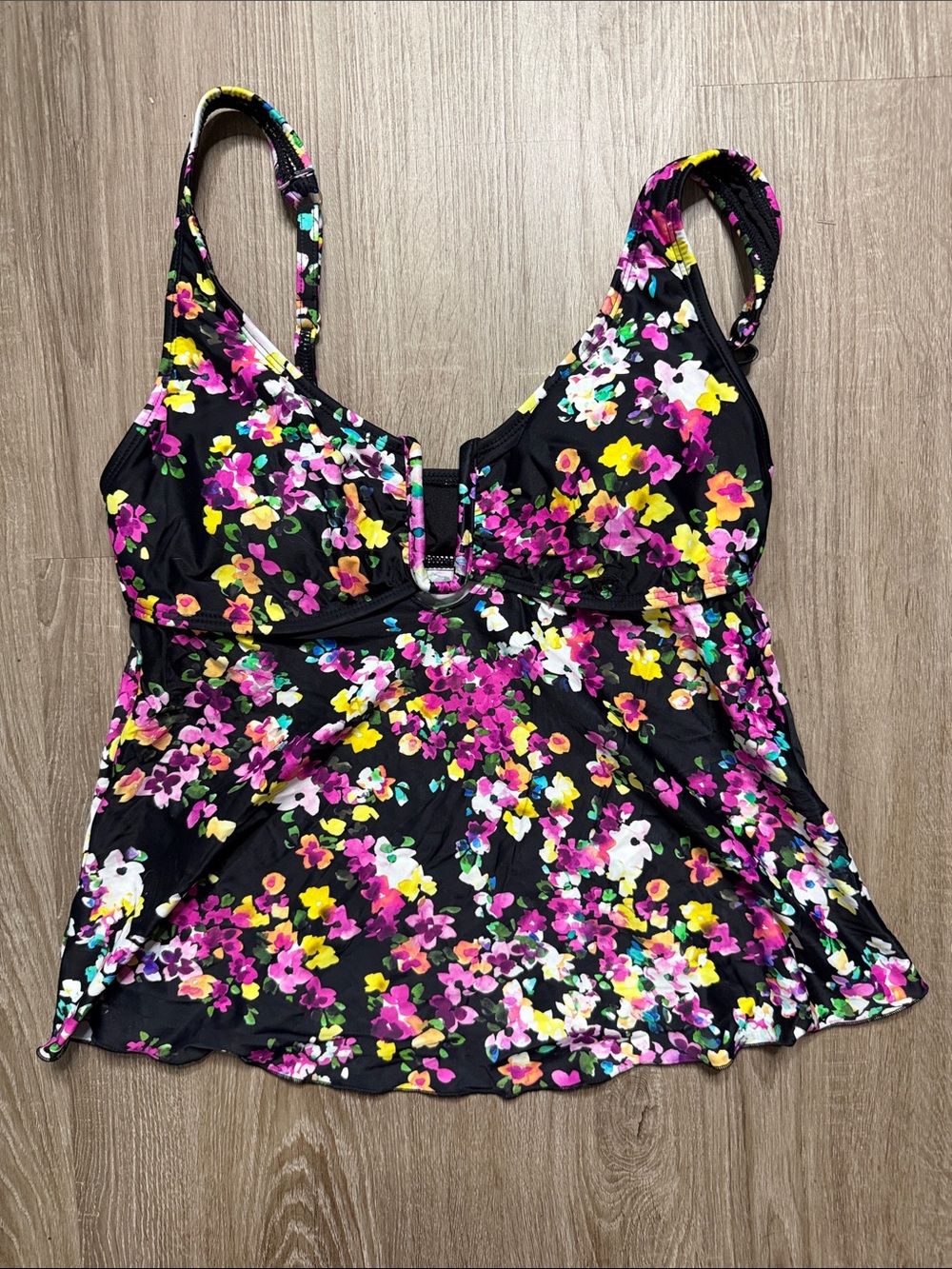 Lands' End Black Floral Tankini Top with Pink, Yellow and White Flowers